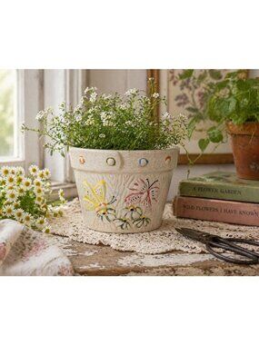 Vintage Butterfly Ceramic Planter, Cottagecore Flower Pot Hand Painted Decor